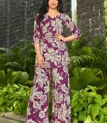 Plum purple floral print rayon relaxed fit co-ord set