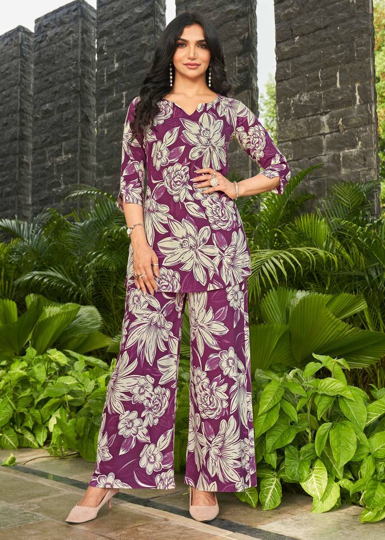 Plum purple floral print rayon relaxed fit co-ord set