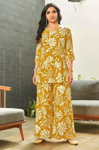Mustard floral print rayon relaxed fit co-ord set
