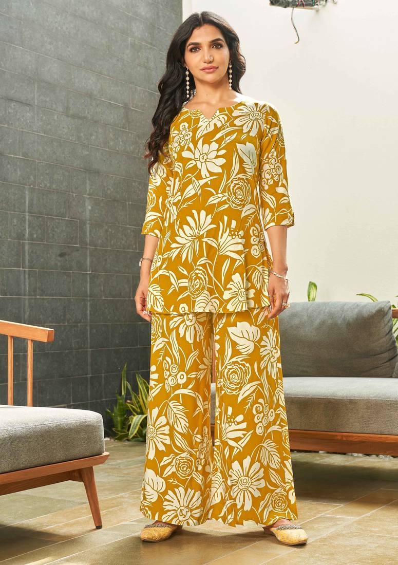 Mustard floral print rayon relaxed fit co-ord set
