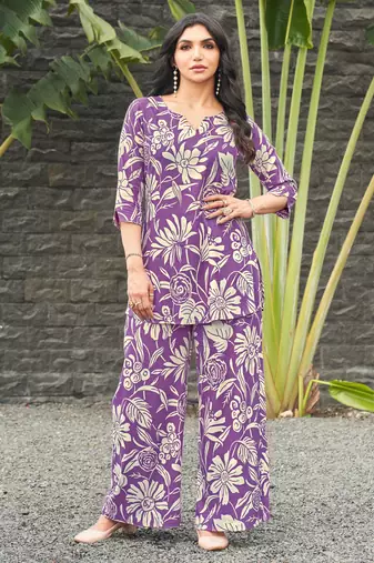 Purple floral print rayon relaxed fit co-ord set