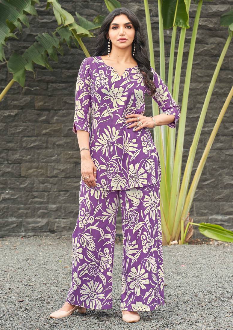 Purple floral print rayon relaxed fit co-ord set