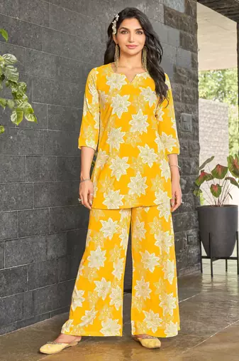 Marigold yellow floral print rayon relaxed fit co-ord set