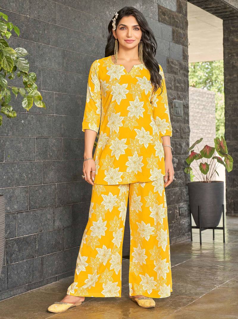 Marigold yellow floral print rayon relaxed fit co-ord set