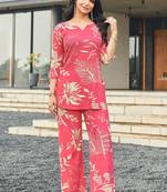 Reddish pink floral print rayon relaxed fit co-ord set