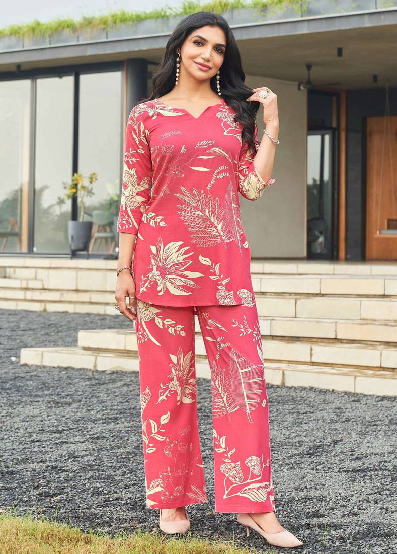 Reddish pink floral print rayon relaxed fit co-ord set
