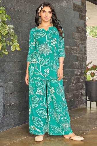 Teal blue floral print rayon relaxed fit co-ord set