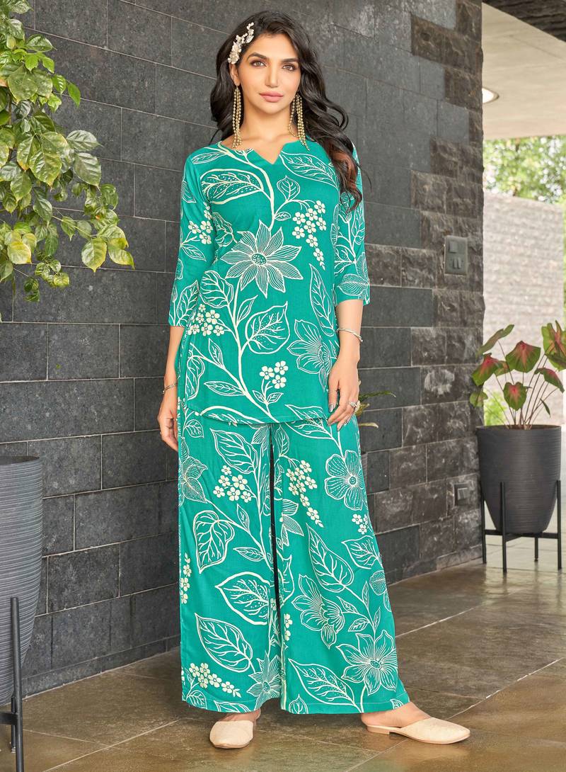 Teal blue floral print rayon relaxed fit co-ord set