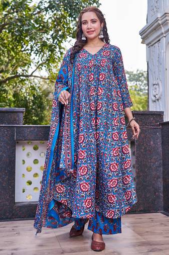Women blue floral printed anarkali kurta set with dupatta