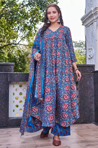 Women blue floral printed anarkali kurta set with dupatta
