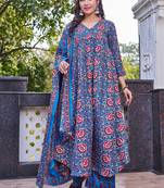 Women blue floral printed anarkali kurta set with dupatta