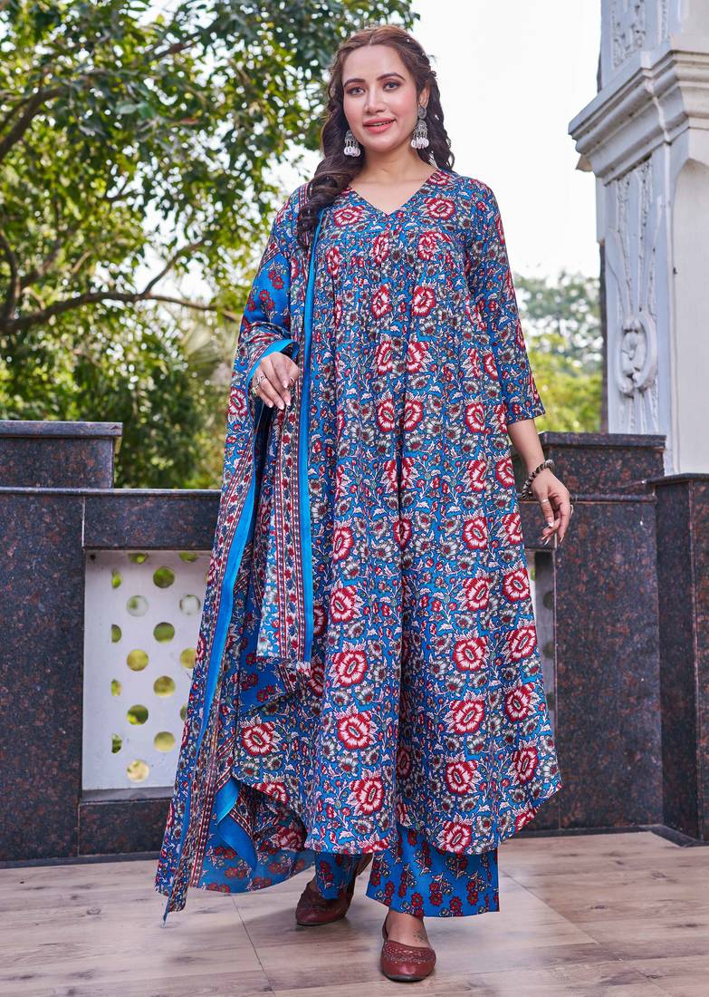 Women blue floral printed anarkali kurta set with dupatta