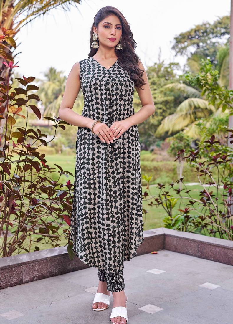 Women olive bottle green printed sleeveless kurta set