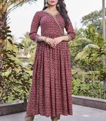 Women red printed anarkali kurta set with v-neck & ethnic motif print