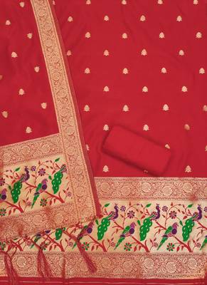 Red soft banarasi silk zari woven design dress material 4