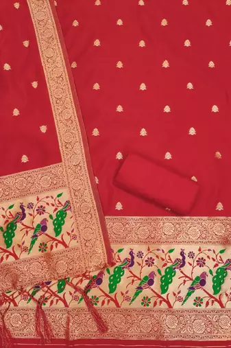 Red soft banarasi silk zari woven design dress material