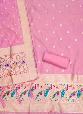 Pink soft banarasi silk zari woven design dress material 4