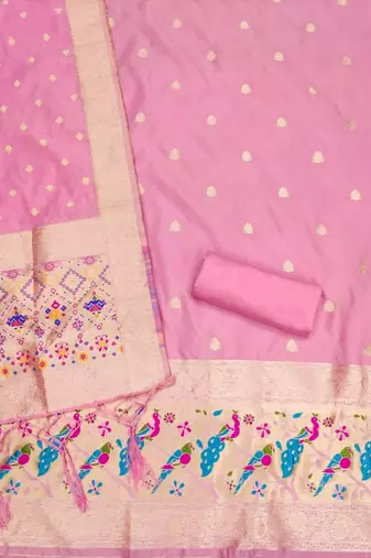 Pink soft banarasi silk zari woven design dress material