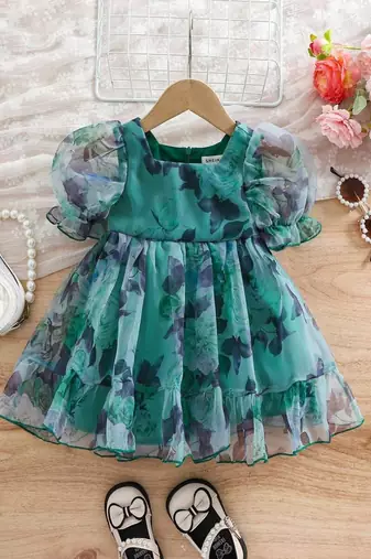 Green floral print organza fit & flare kids dress