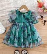 Green floral print organza fit & flare kids dress