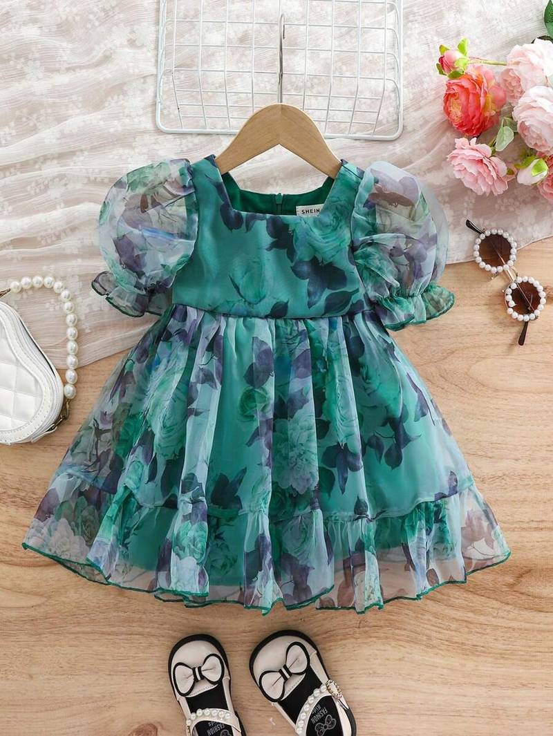 Green floral print organza fit & flare kids dress
