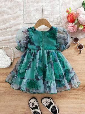 Green floral print organza fit & flare kids dress 2