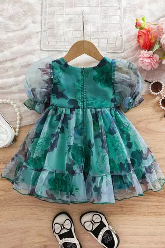 Green floral print organza fit & flare kids dress