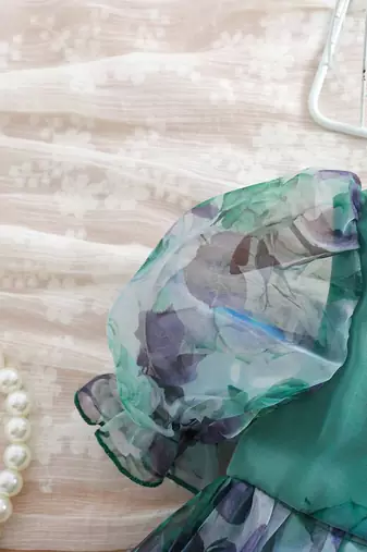 Green floral print organza fit & flare kids dress