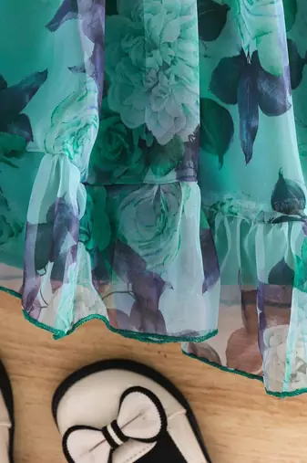 Green floral print organza fit & flare kids dress