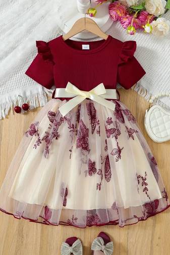 Maroon & cream butterfly print net party wear fit & flare dress for girls