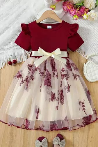 Maroon & cream butterfly print net party wear fit & flare dress for girls