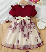 Maroon & cream butterfly print net party wear fit & flare dress for girls