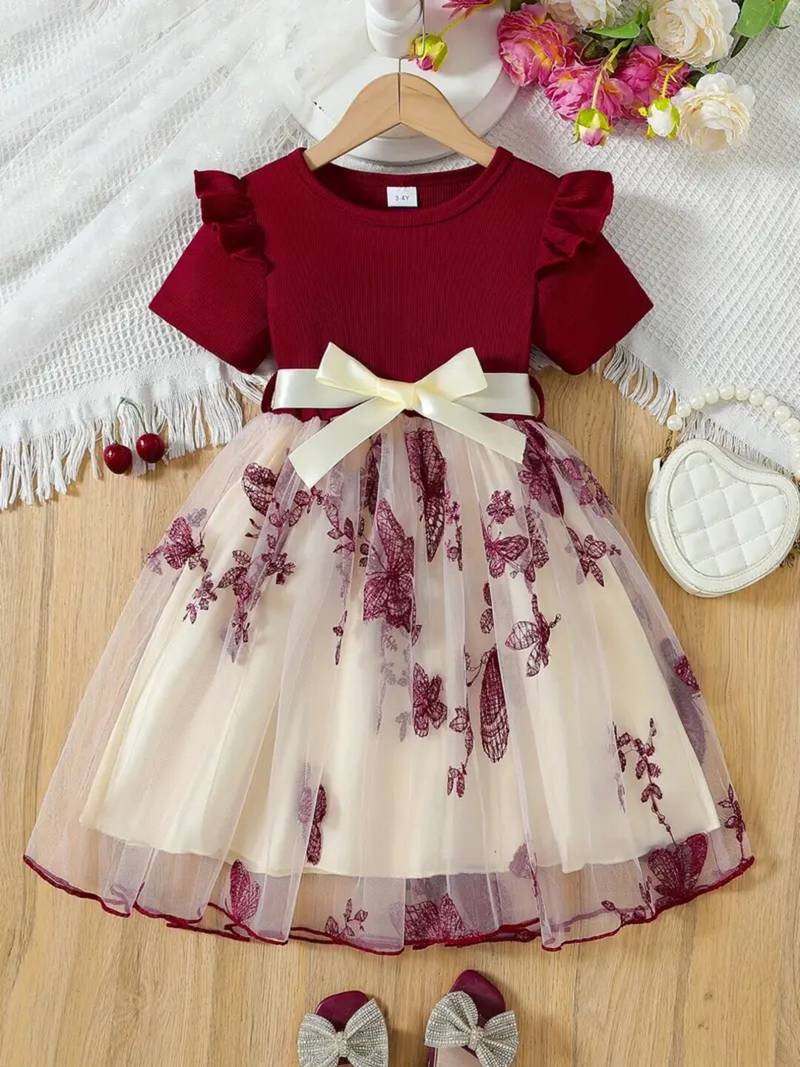 Maroon & cream butterfly print net party wear fit & flare dress for girls