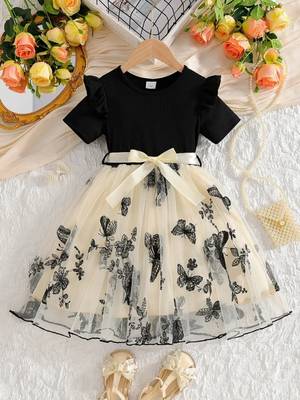 Black & cream butterfly print net party wear fit & flare dress for girls 1