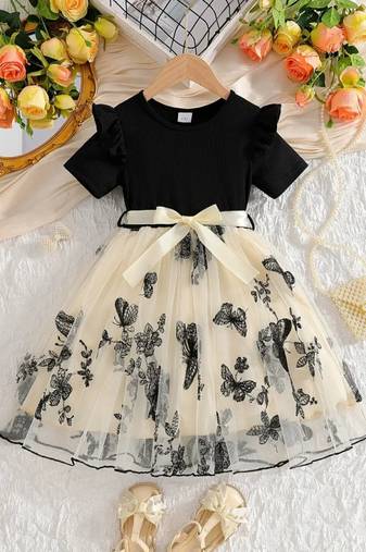 Black & cream butterfly print net party wear fit & flare dress for girls