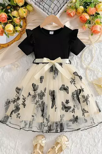 Black & cream butterfly print net party wear fit & flare dress for girls