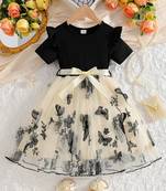 Black & cream butterfly print net party wear fit & flare dress for girls