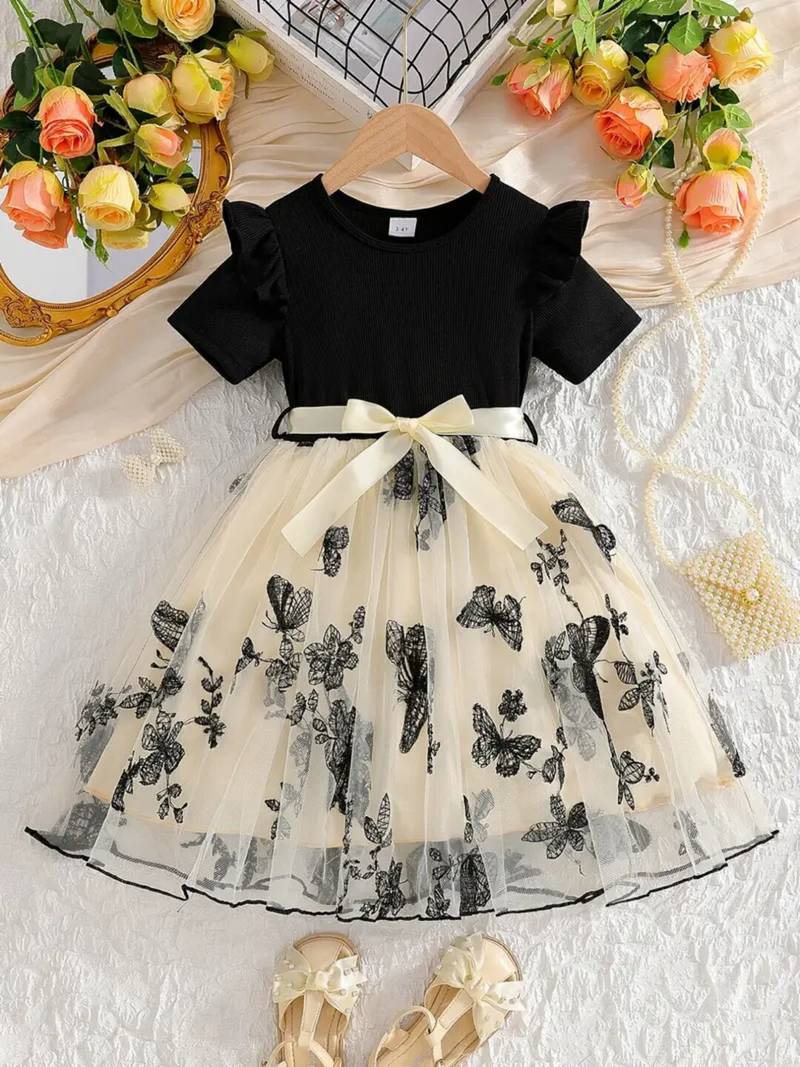 Black & cream butterfly print net party wear fit & flare dress for girls
