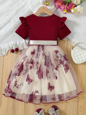 Maroon & cream butterfly print net party wear fit & flare dress for girls 2