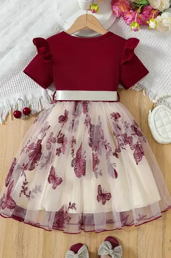 Maroon & cream butterfly print net party wear fit & flare dress for girls