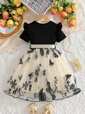 Black & cream butterfly print net party wear fit & flare dress for girls 2