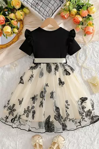 Black & cream butterfly print net party wear fit & flare dress for girls