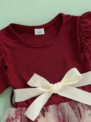 Maroon & cream butterfly print net party wear fit & flare dress for girls 3