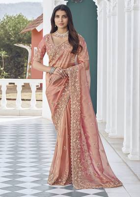 Peach embroidered tissue wedding saree with premium embroidered blouse fabric 1