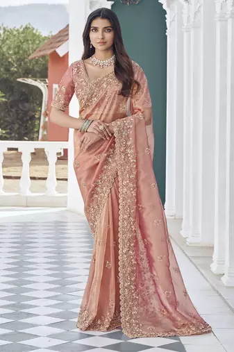 Peach embroidered tissue wedding saree with premium embroidered blouse fabric