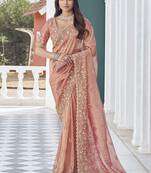Peach embroidered tissue wedding saree with premium embroidered blouse fabric