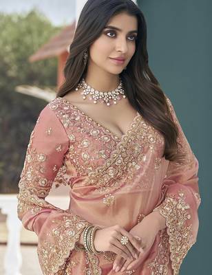 Peach embroidered tissue wedding saree with premium embroidered blouse fabric 2