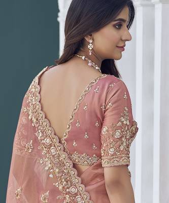 Peach embroidered tissue wedding saree with premium embroidered blouse fabric 3