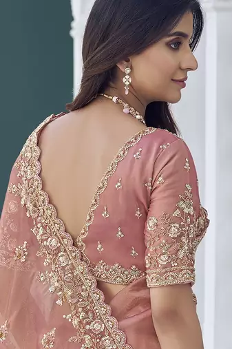 Peach embroidered tissue wedding saree with premium embroidered blouse fabric