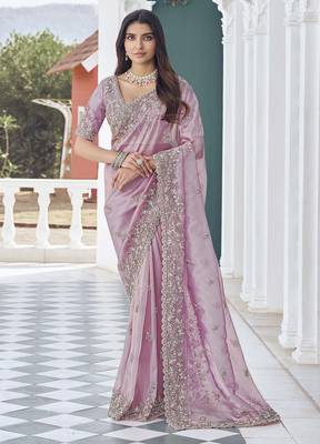 Purple embroidered tissue wedding saree with premium embroidered blouse fabric 1